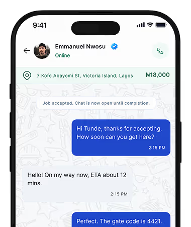 Chat showing message exchange about job acceptance, arrival time, and gate code at Lagos address.